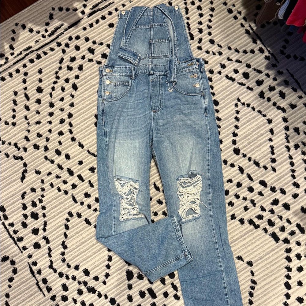 Free People Light Blue Denim Distressed Knees Overalls
